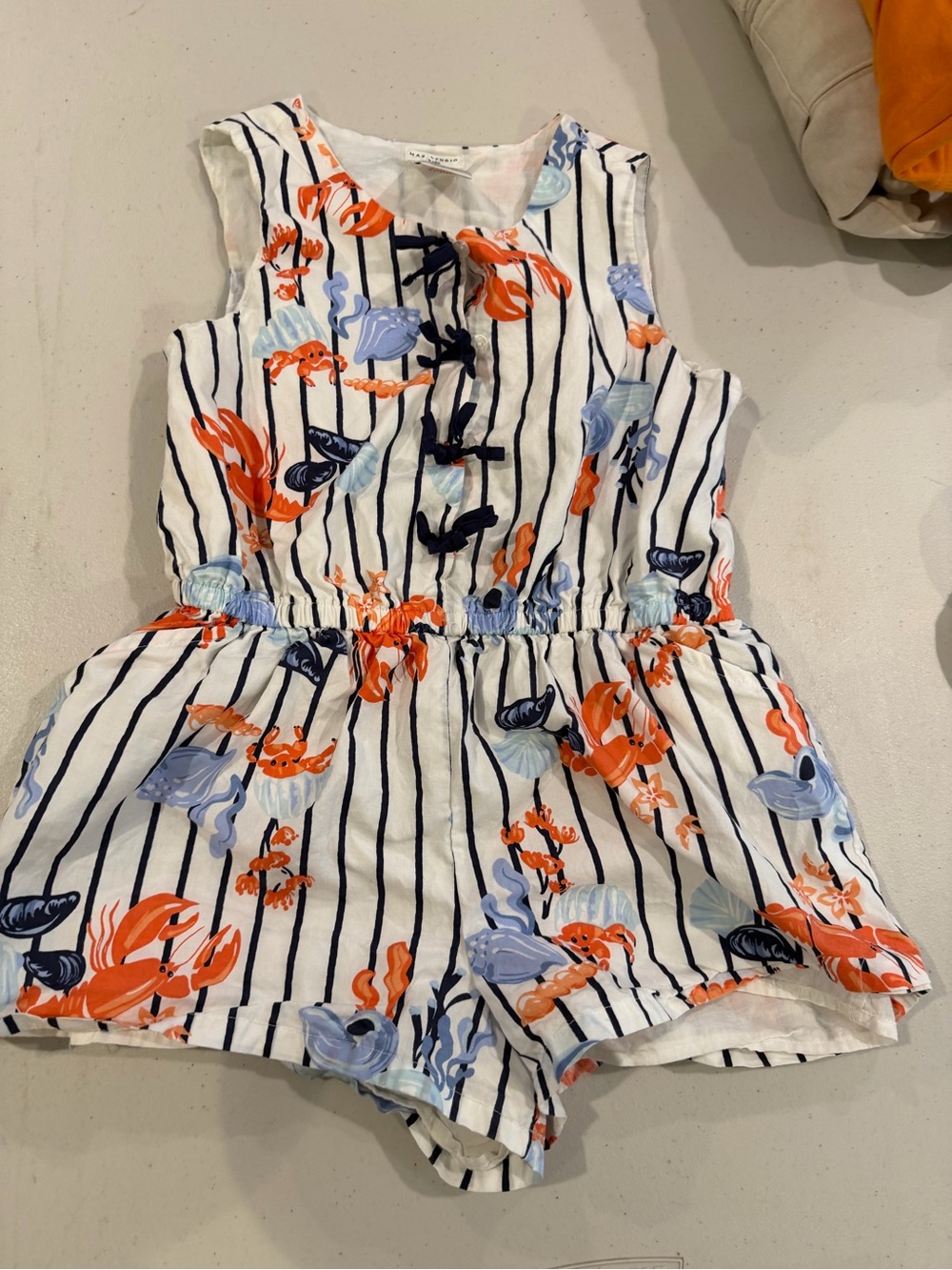 Max Studio White Striped Romper with Orange & Light Blue Print